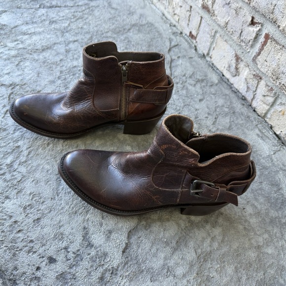 JB Dillon Brown Leather Biker Buckle Zip Up Block Heel Ankle Boots Women's 8.5 - Picture 5 of 11